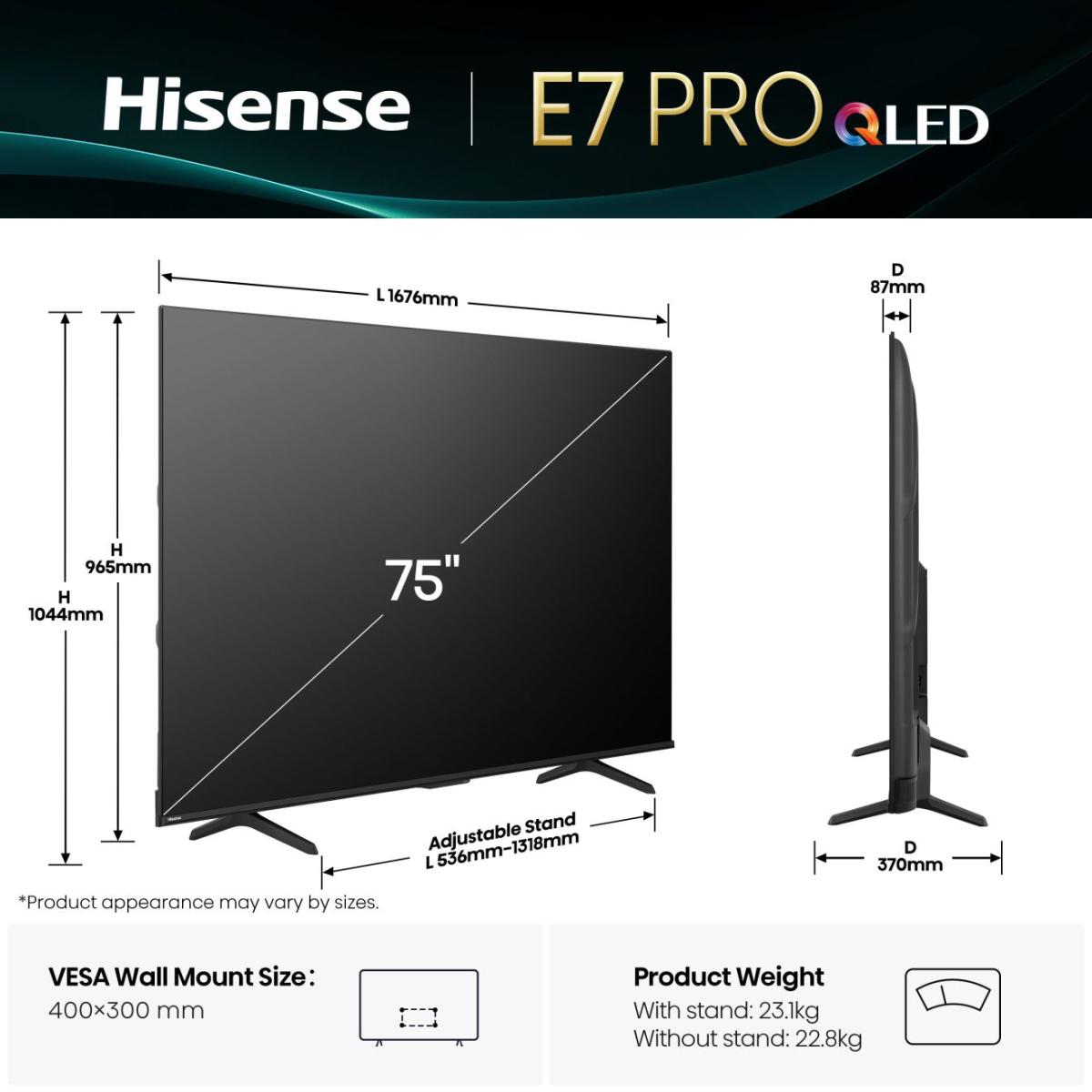 HISENSE QLED SAMART TV 75E7Q PRO 75" 4K UHD 144Hz VIDA OS