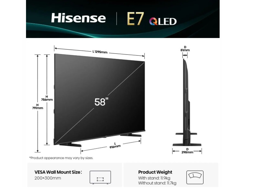 HISENSE QLED SMART TV 58E7Q 58"4K 60Hz VIDAA OS