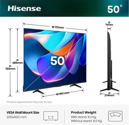 HISENSE TV 50A6S 50"4K UHD SMART TV 60Hz VIDAA OS