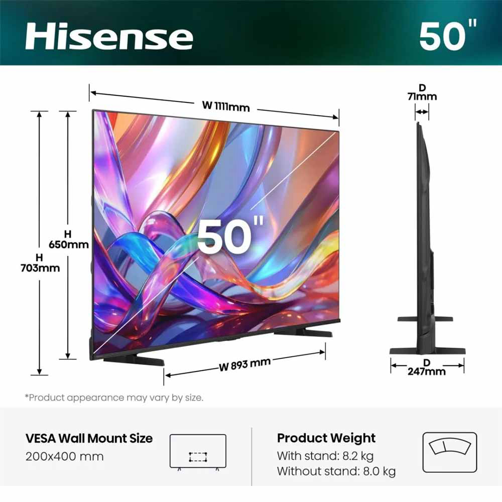 HISENSE TV 50E7S 50"4K UHD QLED SMART TV 60Hz VIDAA OS