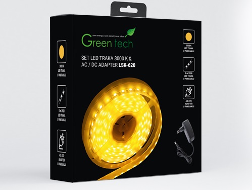LED traka 5m + adapter Green Tech 4,8 W_m, 3528, 60 LED, 3000K, IP65